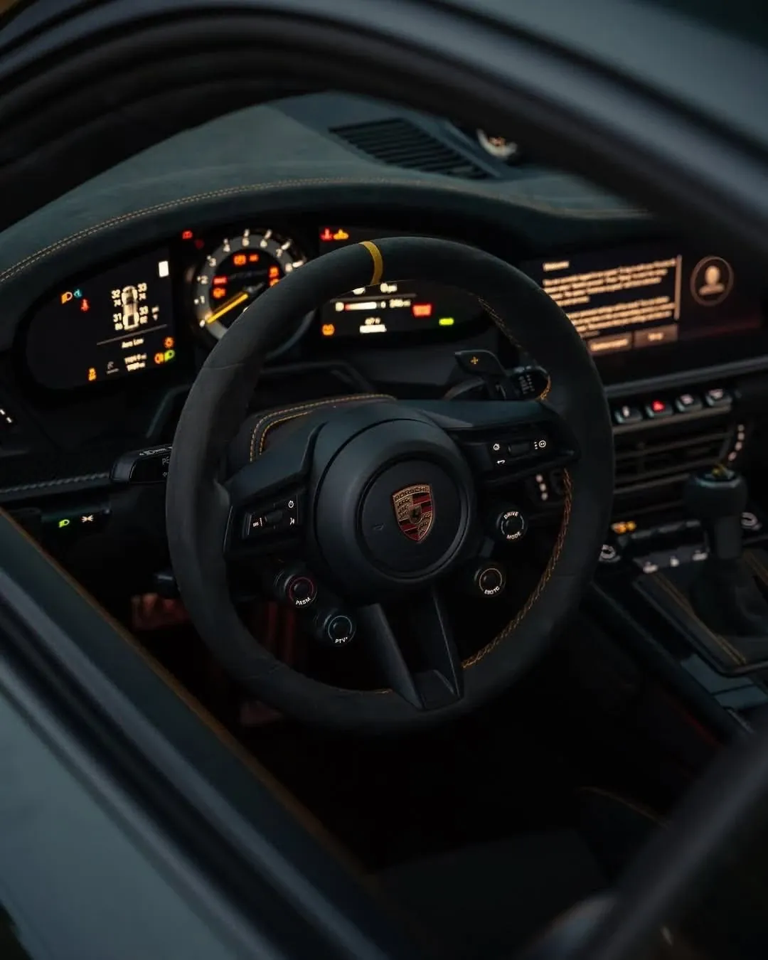 Porsche 911 GT3 cockpit with alcantara wheel and flawless dashboard