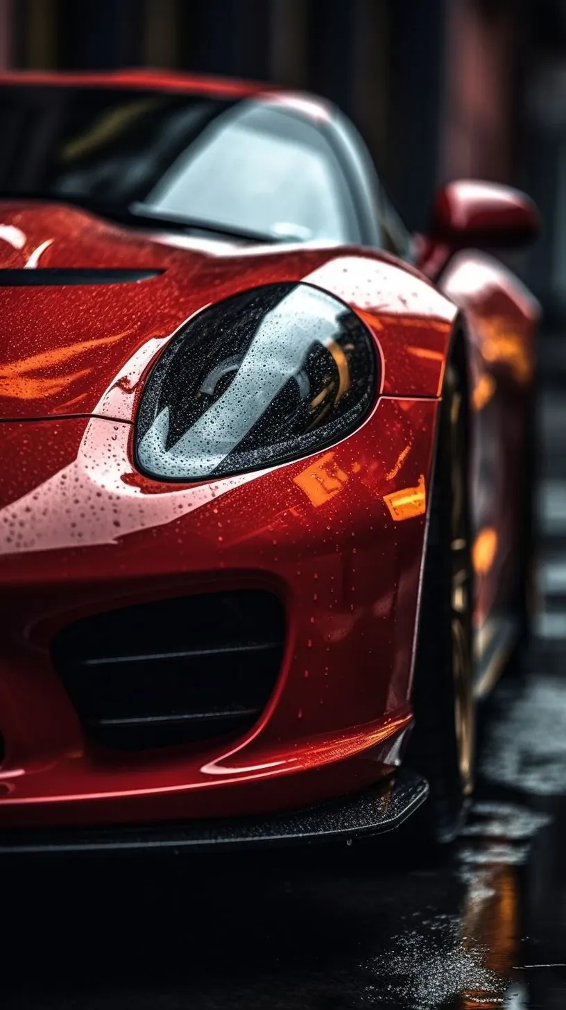 Water beading across the front end of a gloss red supercar after a wash